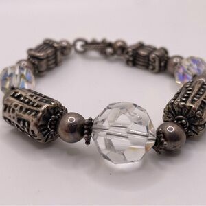 925 Sterling Silver Crystal Bead Bracelet 8.5” Toggle Clasp Artisan Style